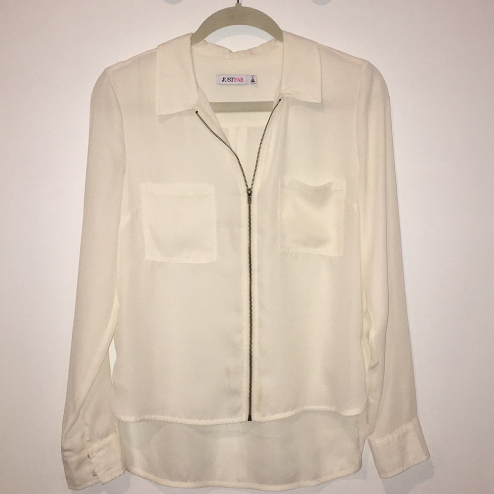 JustFab ivory, semi-sheer, zipper detail blouse